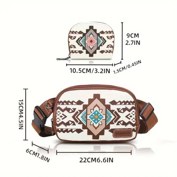 Aztec Print Crossbody Bag Set Canvas White Brown 2pc Western Style NWT Boho - Picture 4 of 6